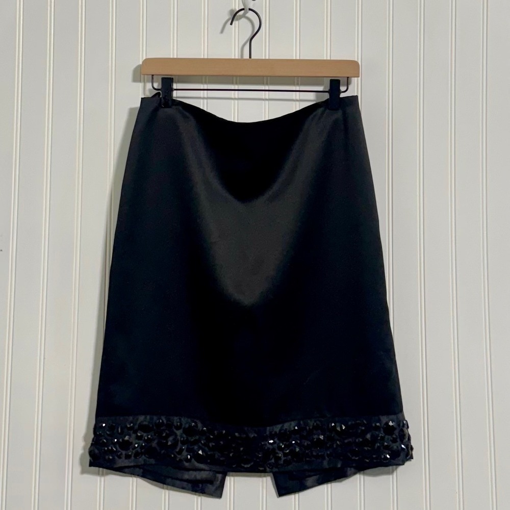 White House Black Market Black Satin Pencil Skirt Beaded Hem Women's Size 8 Vtg